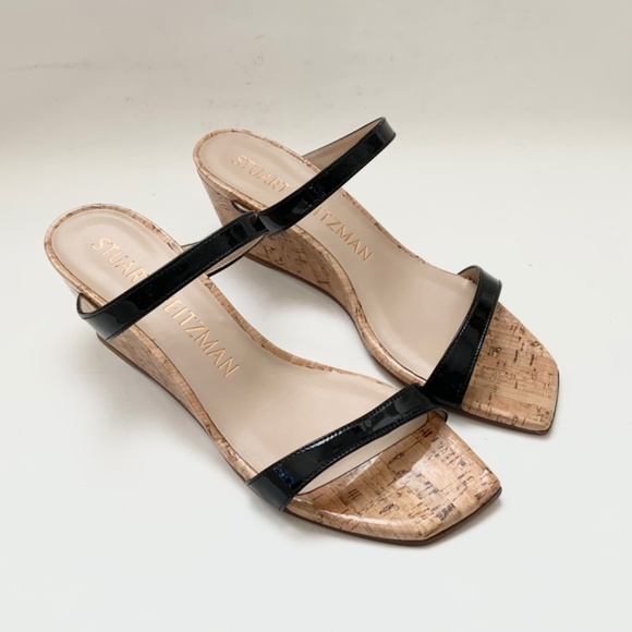 Stuart Weitzman Aleena 50 wedge Black patent leather sandals pumps mules 6.5 - Picture 7 of 13